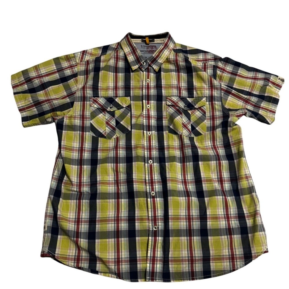 Nautica Jeans Co Plaid Short Sleeve Button Up‎ Shirt Mens XL NJC-99 Yellow Red